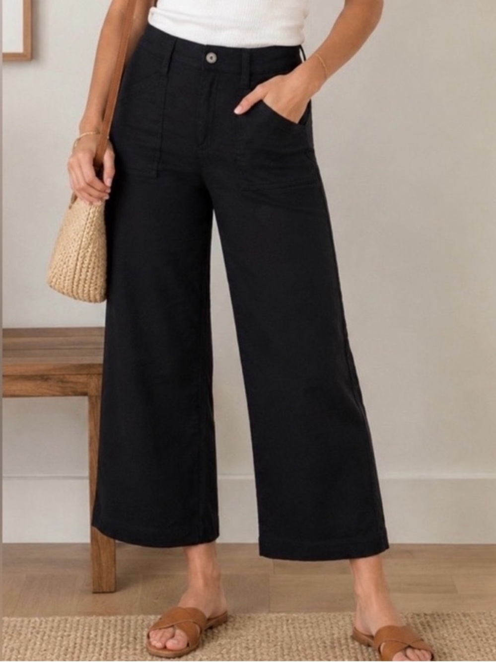 EVEREVE Beth Wide Leg Pants Cropped Black Trousers Size 30